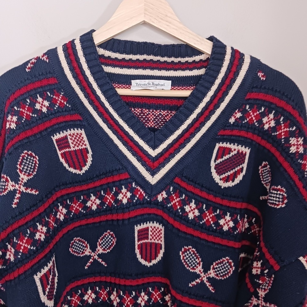 Vintage Tennis Sweater XL USA Cotton Preppy Collegiate Crest Novelty Knit - Picture 3 of 9